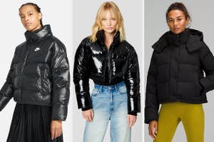 Three images of models wearing black puffer jackets