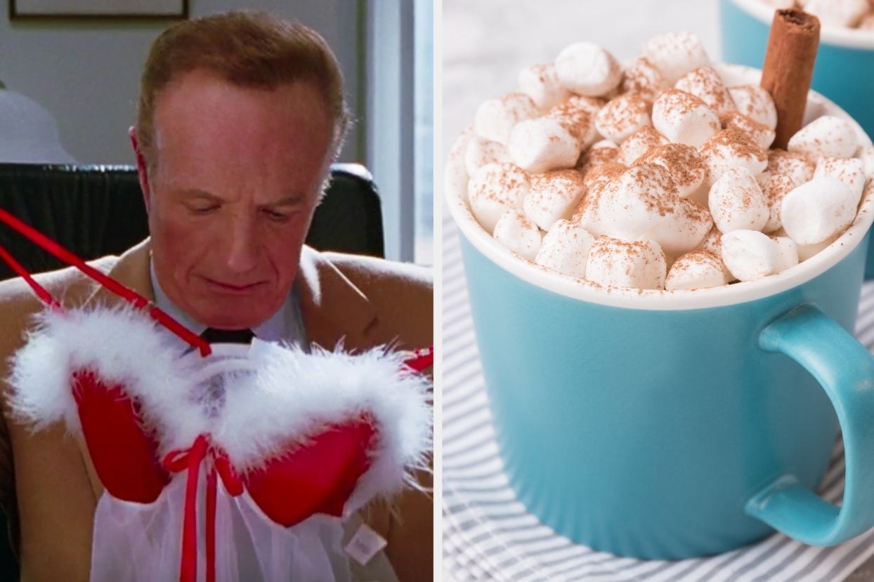 On the left, Walter from Elf holding up some Santa-themed lingerie, and on the right, a cup of hot chocolate topped with mini marshmallows, cinnamon, and a cinnamon stick