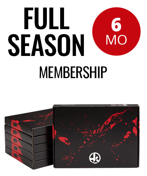 6 boxes with Hunt A Killer Logo and text above reading, &quot;full season 6 month membership&quot;