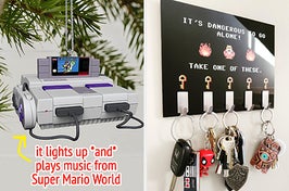 a super nes console ornament / a key ring holder that says "it's dangerous to go alone, take one of these"