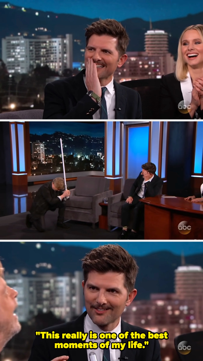 Adam Scott looking shocked and then saying to Mark Hamill, &quot;This really is one of the best moments of my life&quot;