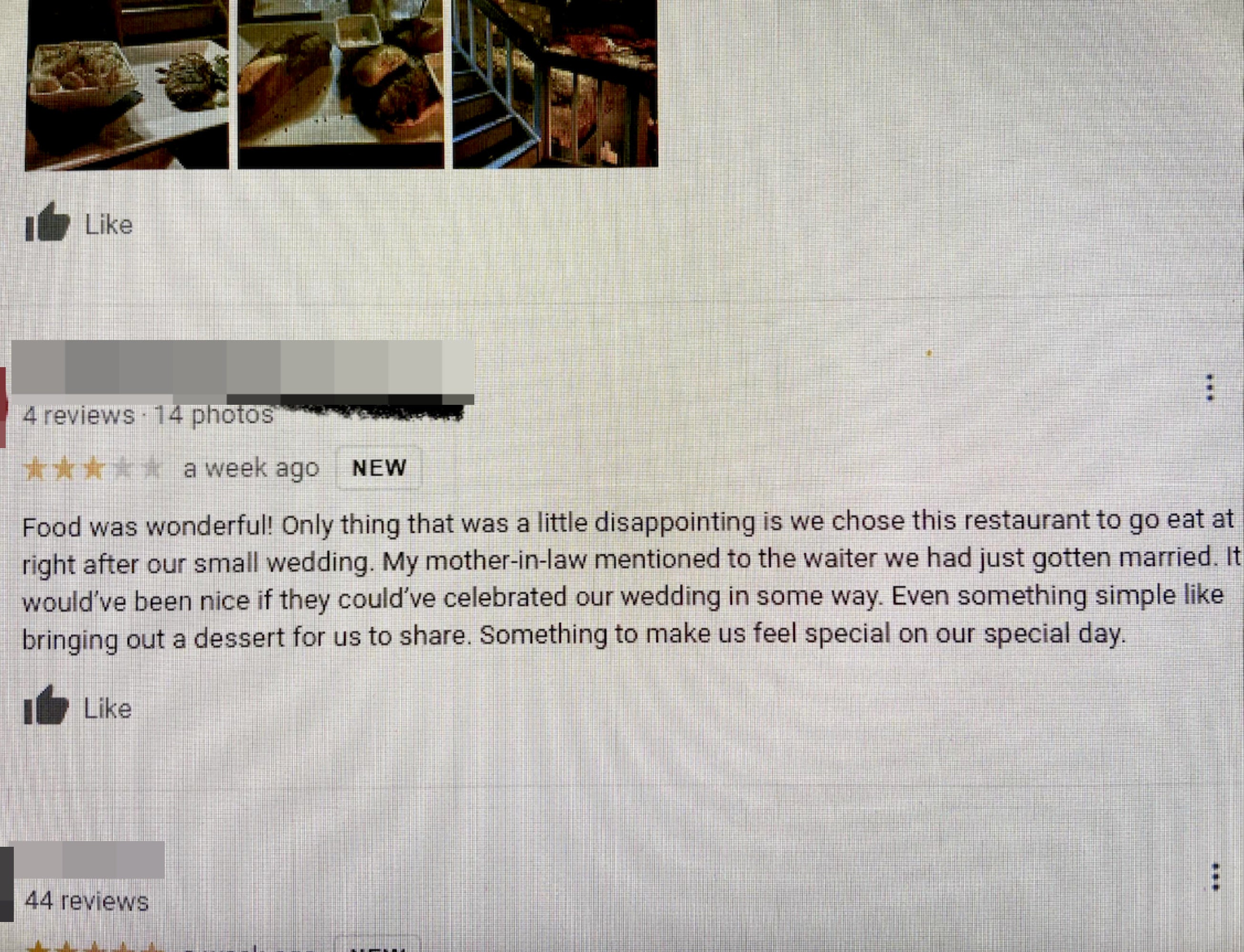 The review says they went to the restaurant right after their wedding and were disappointed the waiter didn&#x27;t offer anything for free to celebrate their special day