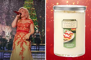 On the left, Kelly Clarkson singing Underneath the Tree, and on the right, the Christmas Cookie Yankee Candle