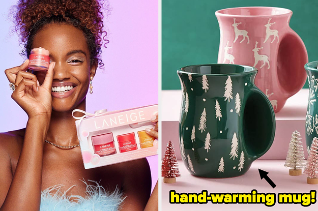 a laneige lip mask set and a pair of hand-warming mug