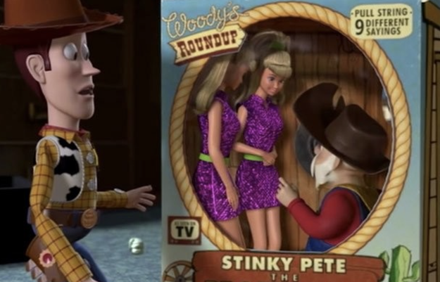 woody in shock at seeing two barbie&#x27;s inside the stinky pete toy box