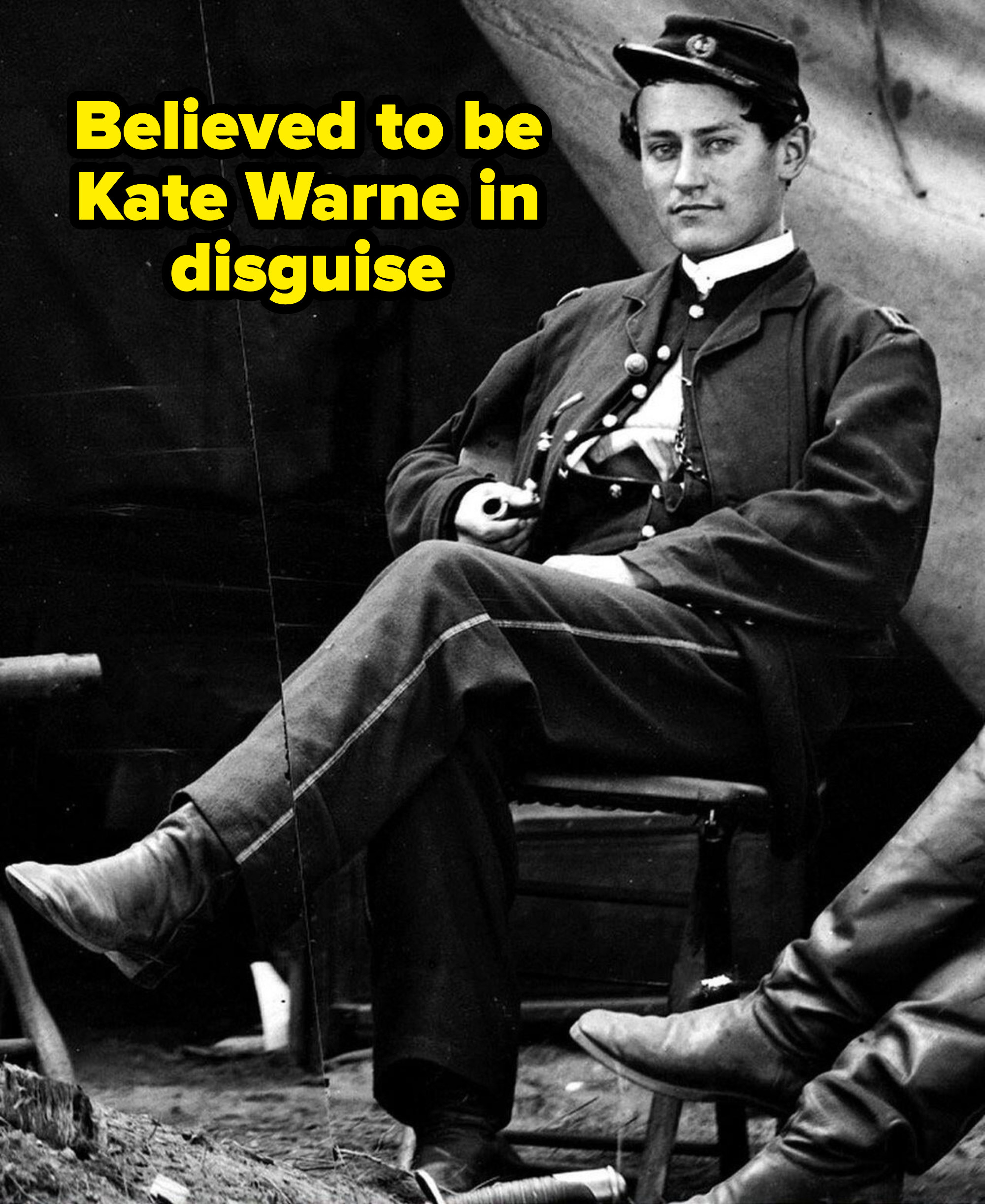 photo of a person in uniform with text inserted that reads, believed to be kate warne in disguise