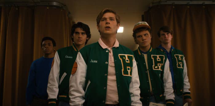Jason Carver character and crew wearing varsity jackets in Stranger Things
