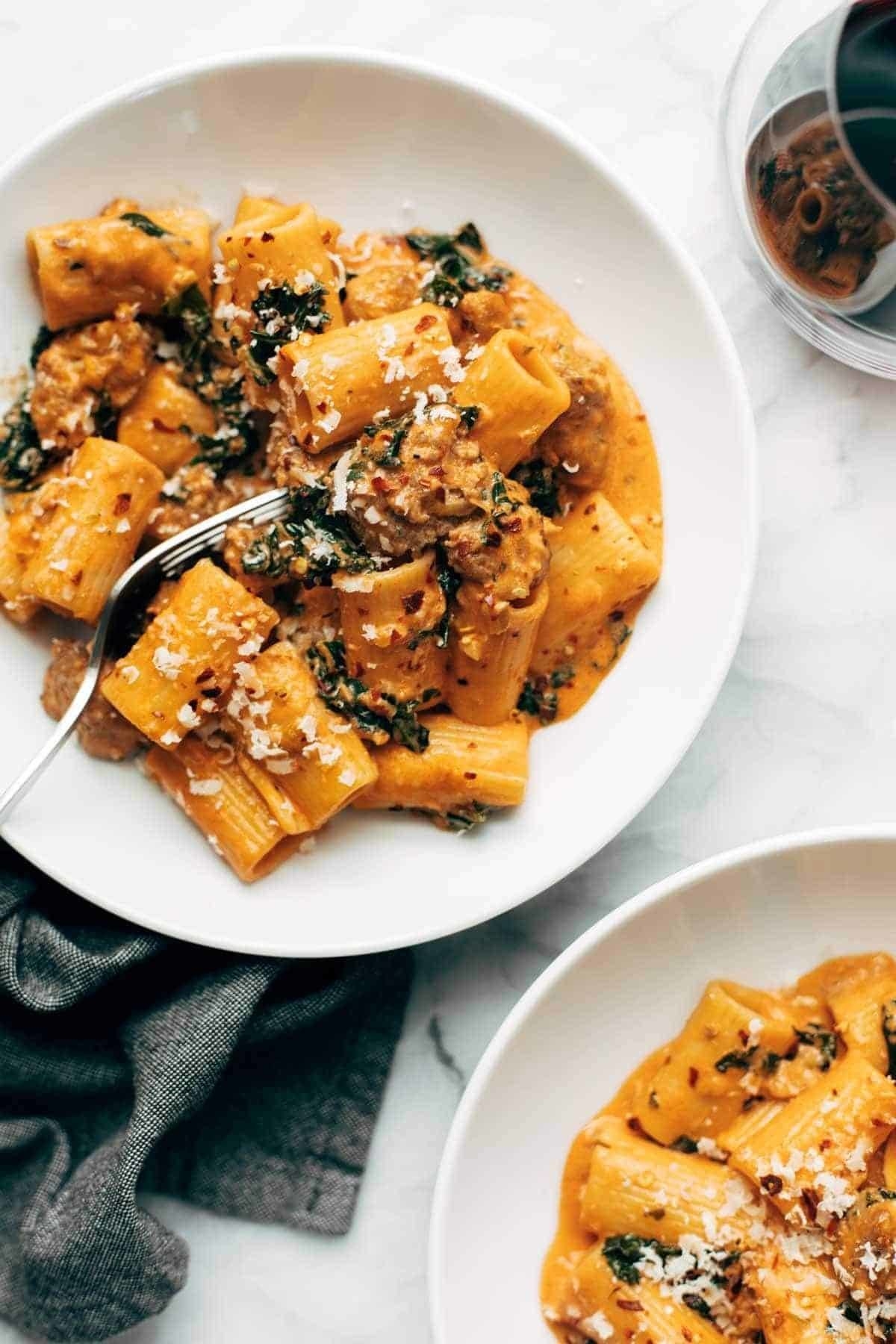 Bowls of Rigatoni with Sausage and Kale