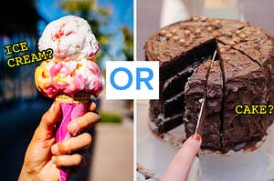 ice cream on the left and cake on the right