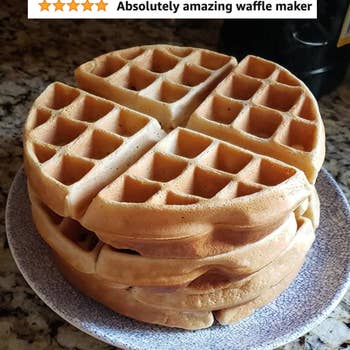 Reviewer's waffles with five star review text 