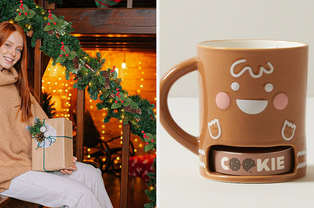 someone sitting on stairs with garland on railing, a gingerbread mug with a cookie holder