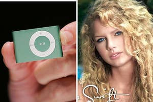 a hand holding an ipod shuffle next to the cover of taylor swift's debut album, where she has very curly hair and a relaxed face