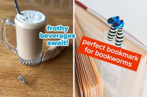 reviewer photo of coffee with froth next to frother / the Alice In Wonderland book mark with blue shoes sticking out