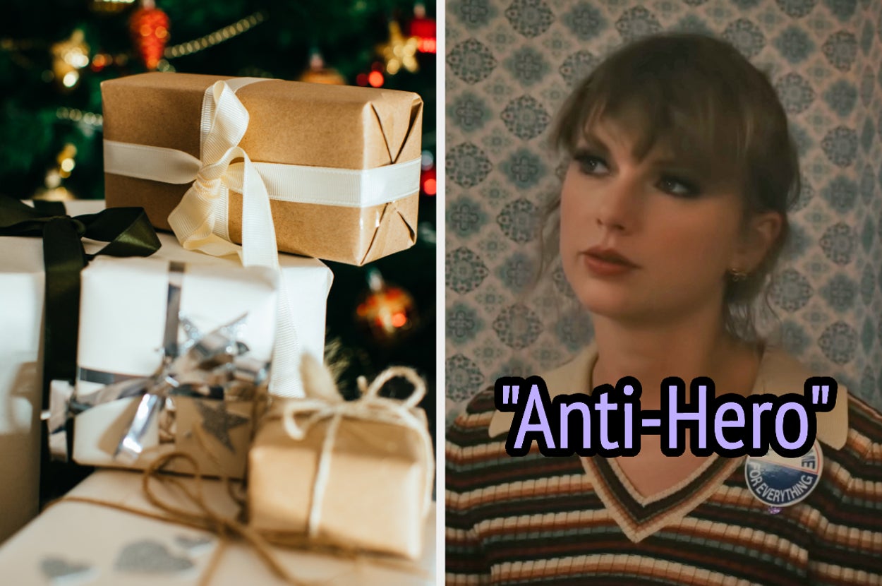 On the left, presents under a Christmas tree, and on the right, Taylor Swift in the Anti-Hero music video