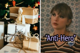 On the left, presents under a Christmas tree, and on the right, Taylor Swift in the Anti-Hero music video