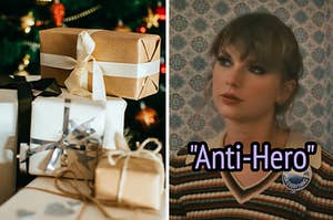 On the left, presents under a Christmas tree, and on the right, Taylor Swift in the Anti-Hero music video