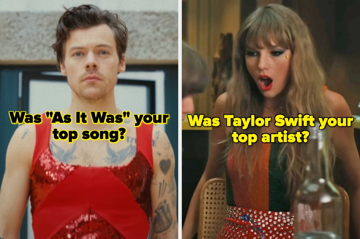 On the left, Harry Styles in the As It Was music video labeled was As It Was your top song, and on the right, Taylor Swift in the Anti-Hero music video labeled was Taylor Swift your top artist