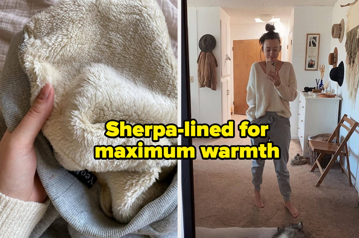 side by side photos of a reviewer showing the inside of fleece-lined joggers and the same model taking a selfie with the pants on