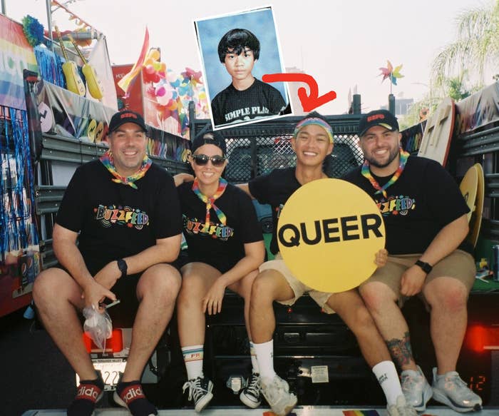 author with co-workers at the LGBTQ+ Pride parade (insert) young author