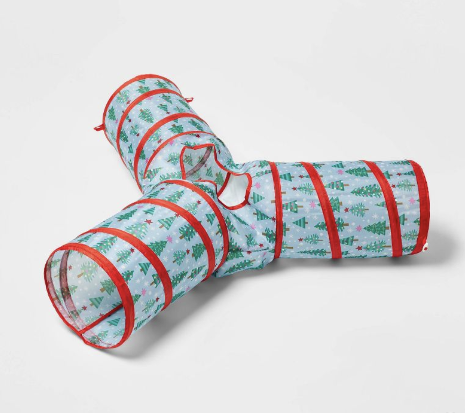 A festive 3-way holiday cat tube toy