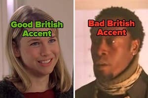 Renee Zellweger labeled "good British accent" and Don Cheadle labeled "bad British accent"