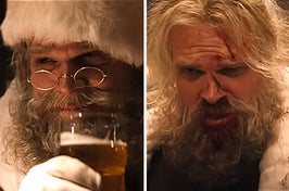 David Harbour as Santa drinking a beer, and then in a fight