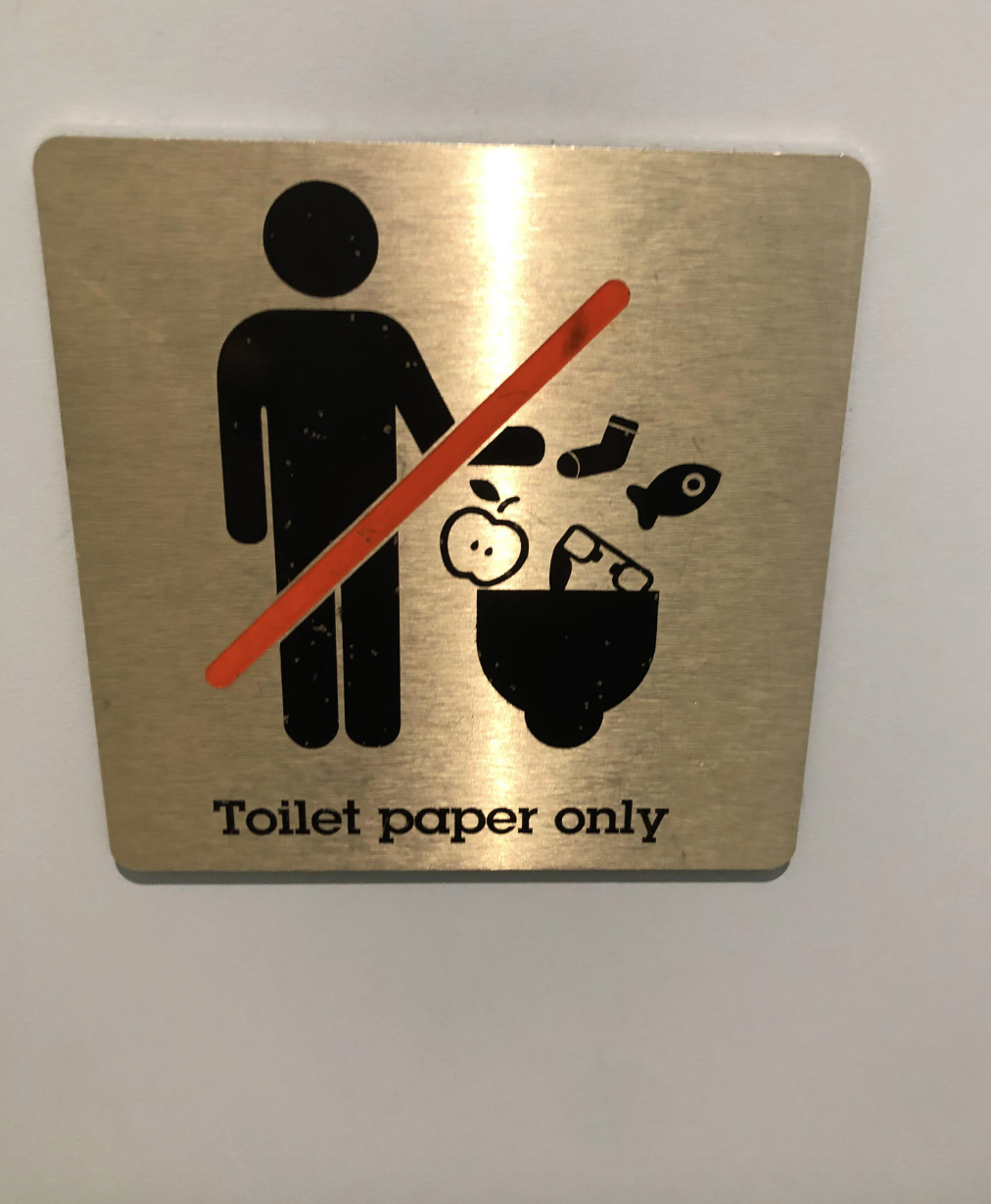 Sign says, Toilet paper only, with a slash across a picture of a man throwing out an apple, sock, a fish, and underwear into the toilet