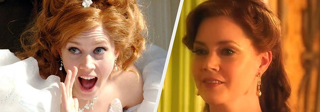 Amy Adams in Enchanted and Disenchanted, on-image text: then now