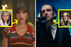 On the left, Taylor Swift in the Anti-Hero music video with a smaller picture of Tessa next to her, and on the right, Matty Healy in the Looking for Somebody to Love video with a smaller picture of Taylor next to him