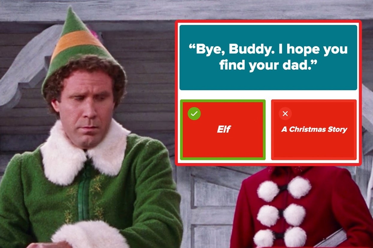 Buddy the Elf frowning next to a screenshot of the quote Bye, Buddy. I hope you find your name with the answer A Christmas Story selected