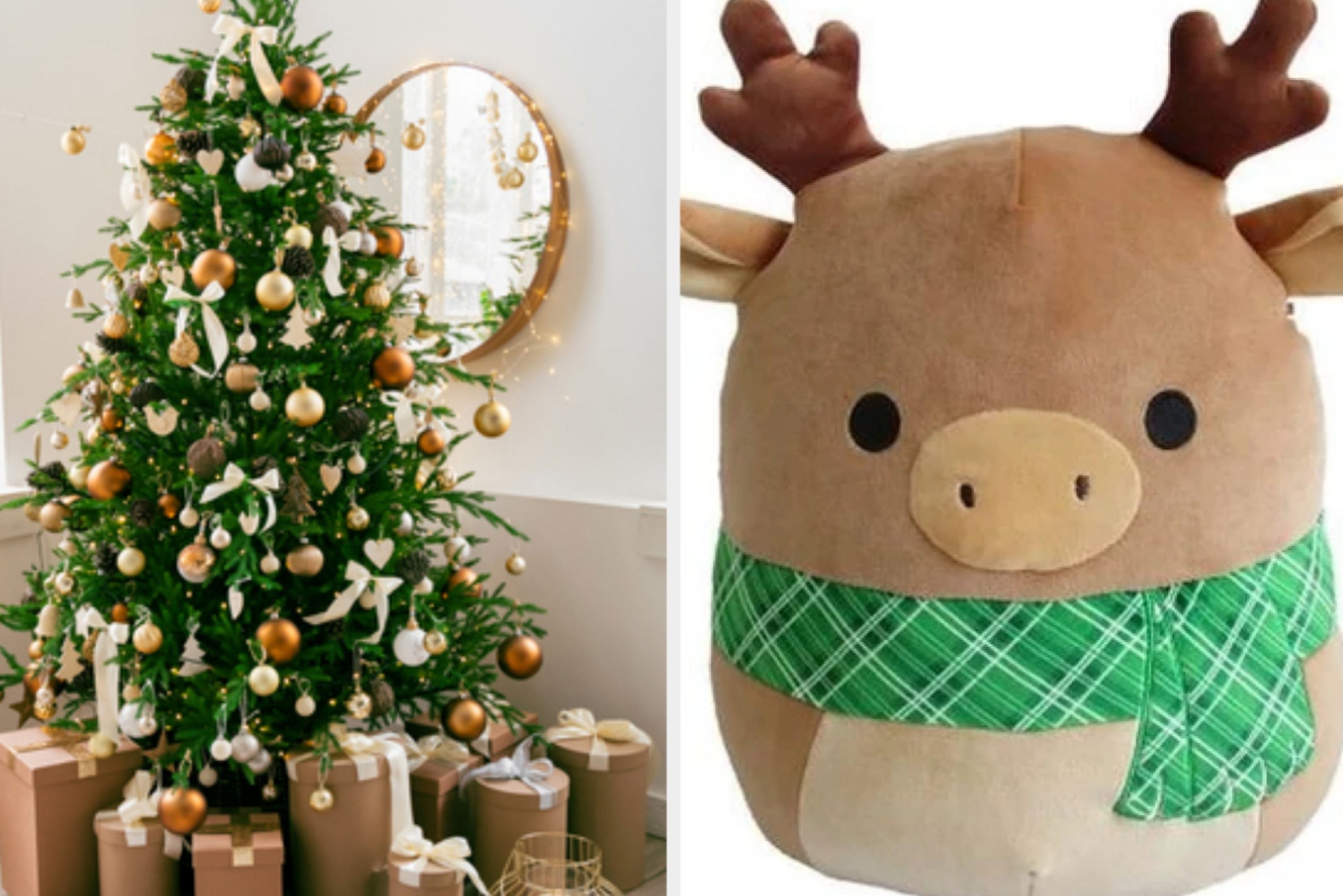 On the left, a Christmas tree with wrapped presents underneath it, and on the right, Ruby the Reindeer Squishmallow