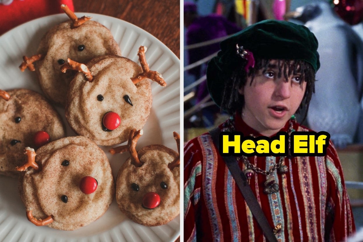 On the left, some cookies made to look like reindeer with pretzel antlers, M&amp;M noses, and icing eyes, and on the right, Bernard from The Santa Clause labeled Head Elf