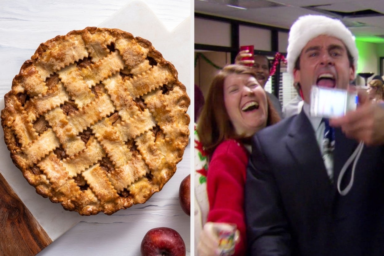 On the left, a lattice top apple pie, and on the right, Michael from The Office wearing a Santa hat and taking a selfie with Meredith with a digital camera