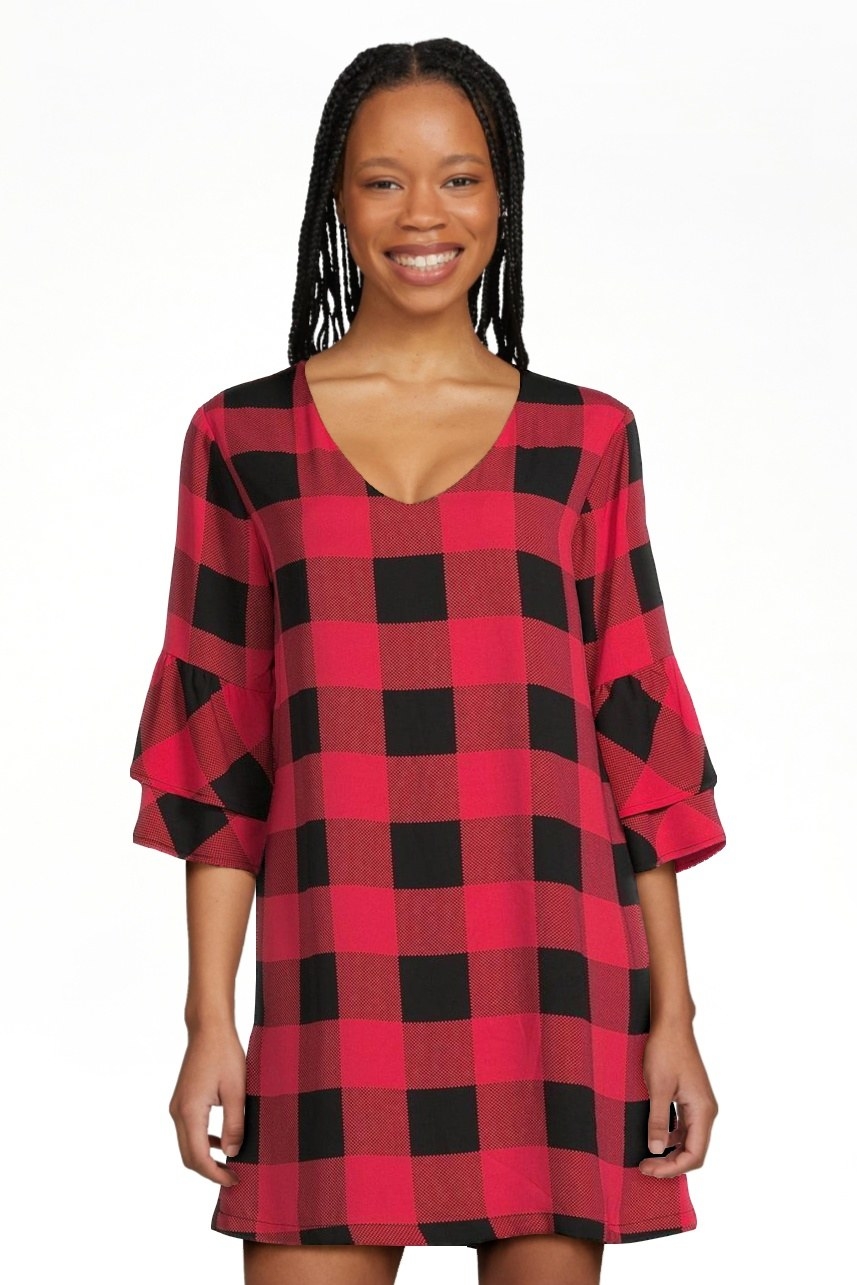 a model wearing the red and black buffalo plaid dress