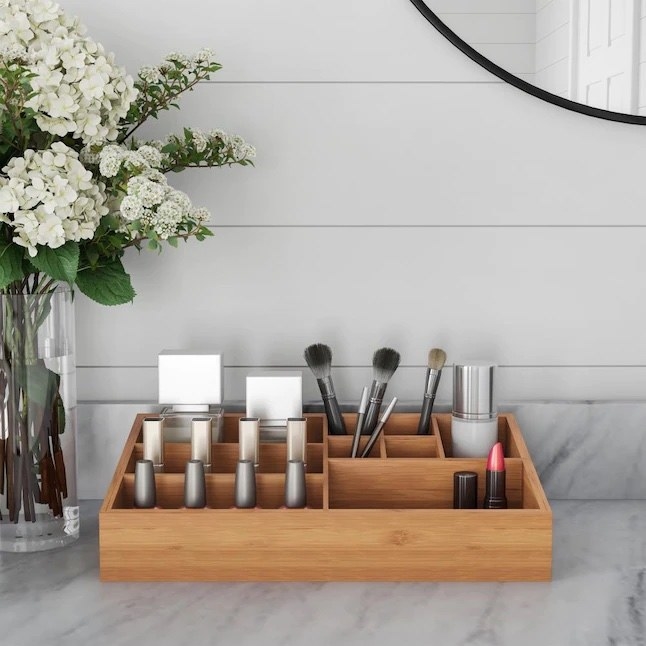 The organizer in a bathroom with make up in it