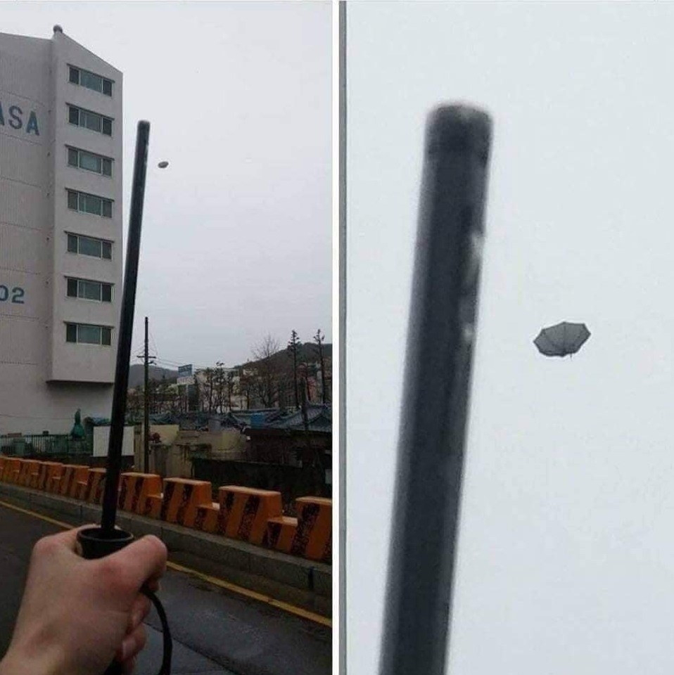 Umbrella breaking off from base and flying into the air