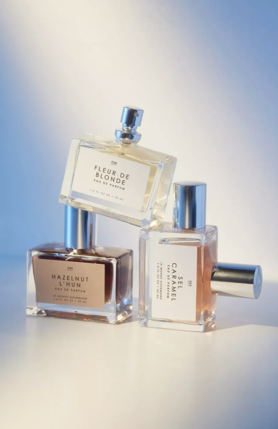 three of the perfumes: fleur de blonde, hazelnut l&#x27;hun, and sel caramel