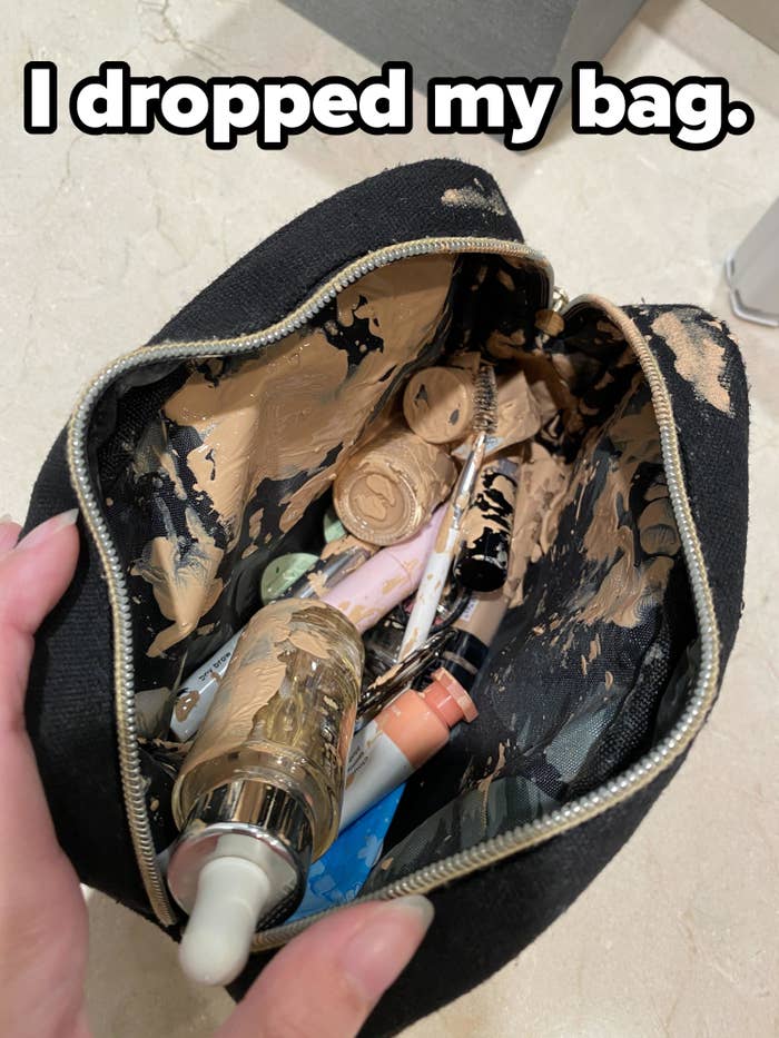 Dropped makeup bag with all the liquid makeup spilled inside