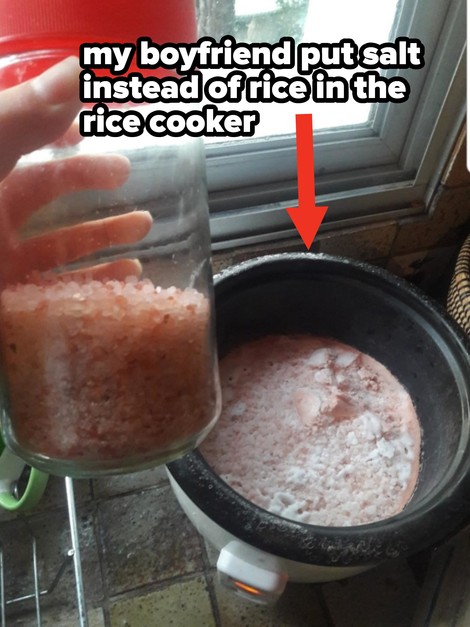 Rice cooker with pink salt in it cooking