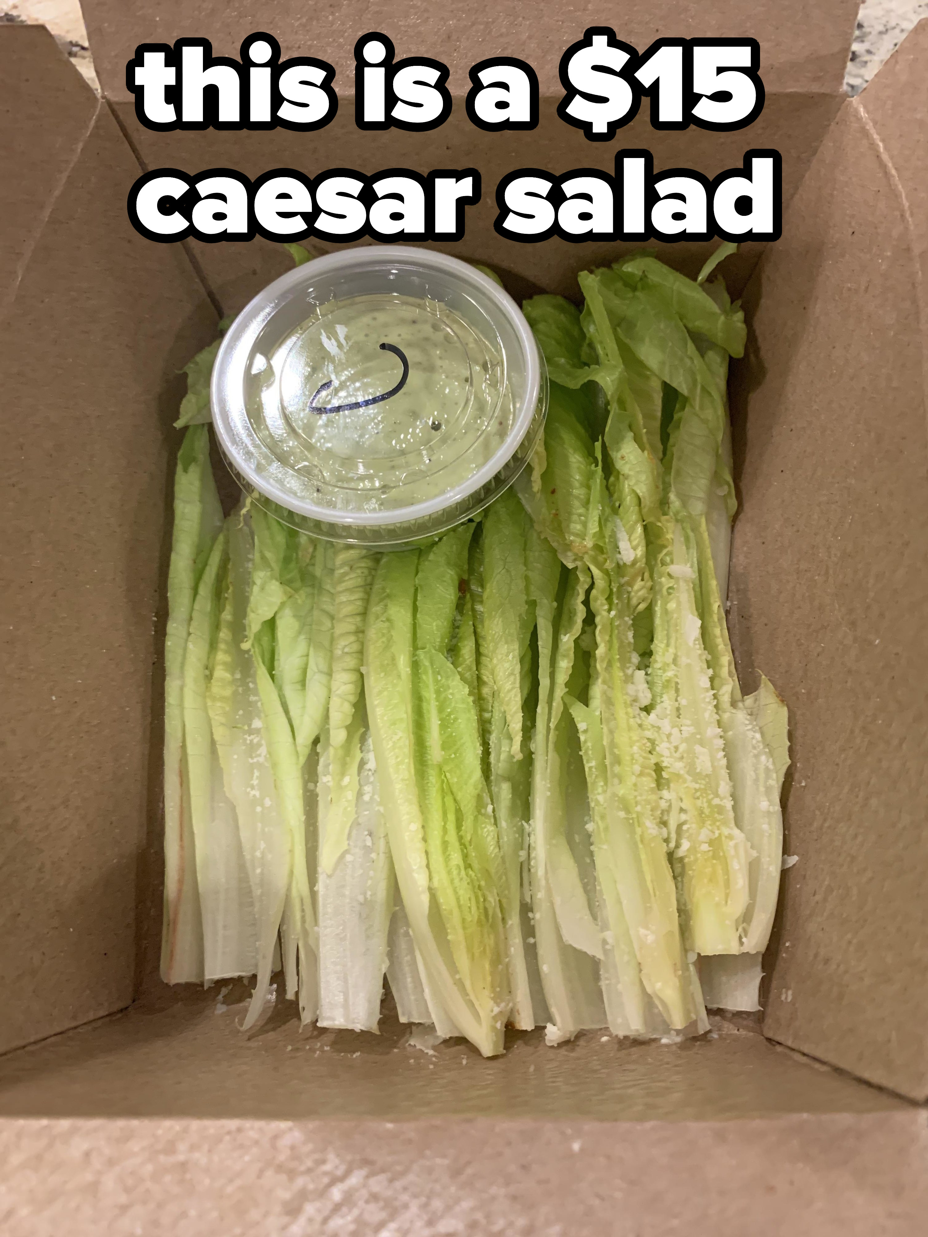 A salad consisting of whole romaine leaves and a tub of dressing