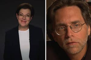 On the left is Nancy Salzman smiling at the camera and on the right is Keith Raniere about to do an interview