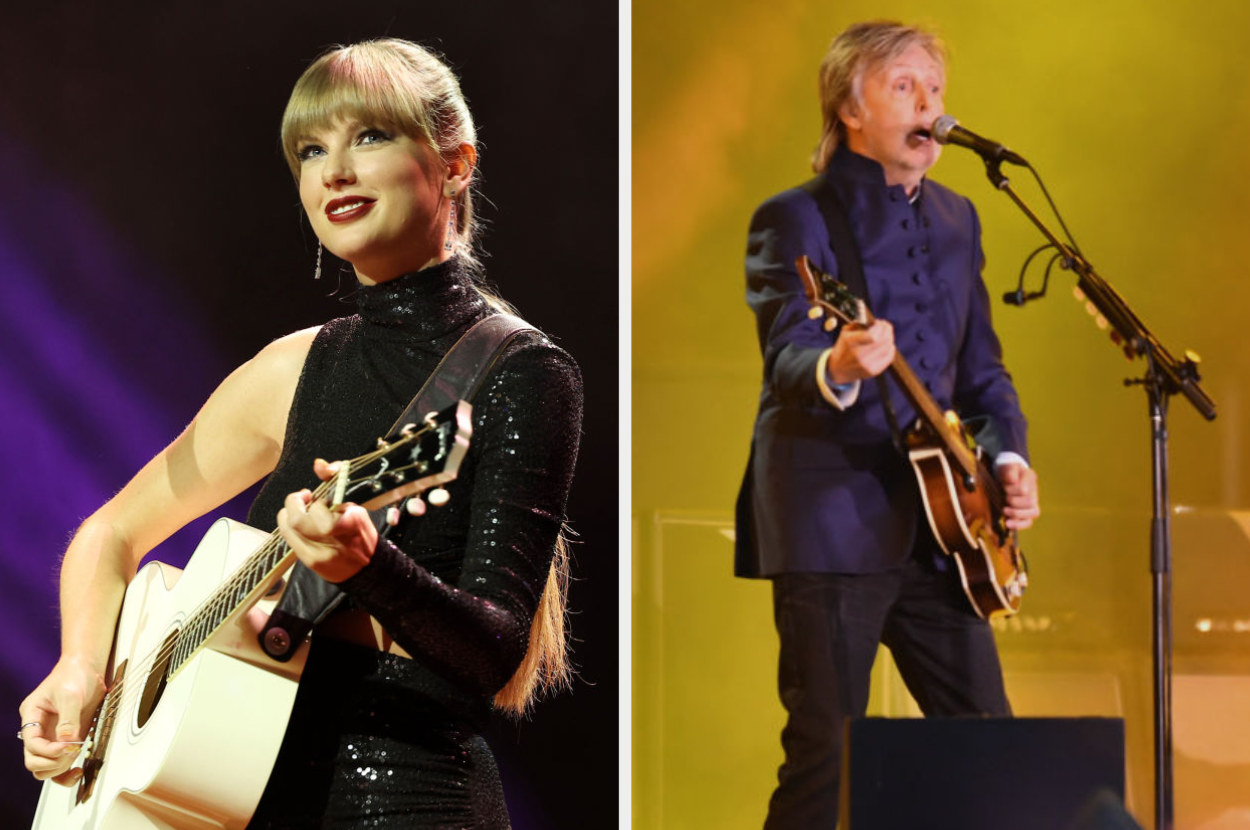 side by side of taylor and paul on stage with their guitars
