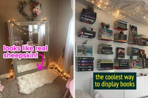 a white rug that looks like real sheepskin / floating bookshelves as a cool way to display books