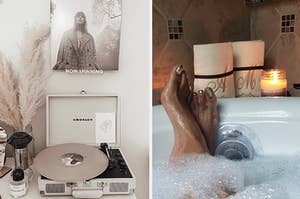 left image: vinyl record player with a now spinning record rack, right image: person taking bath using drain cover