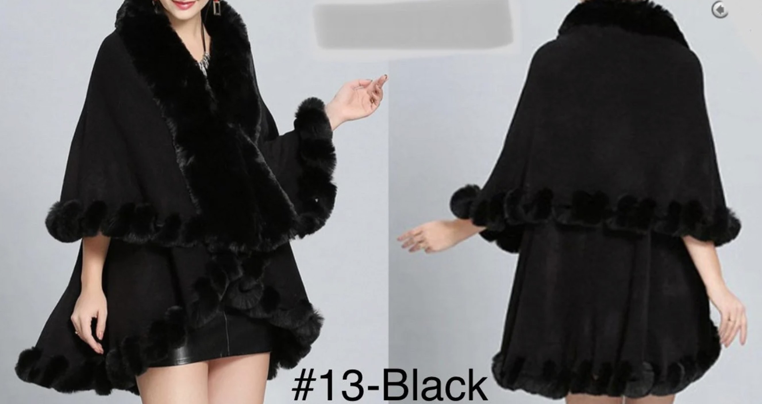 Model wearing the black fur poncho