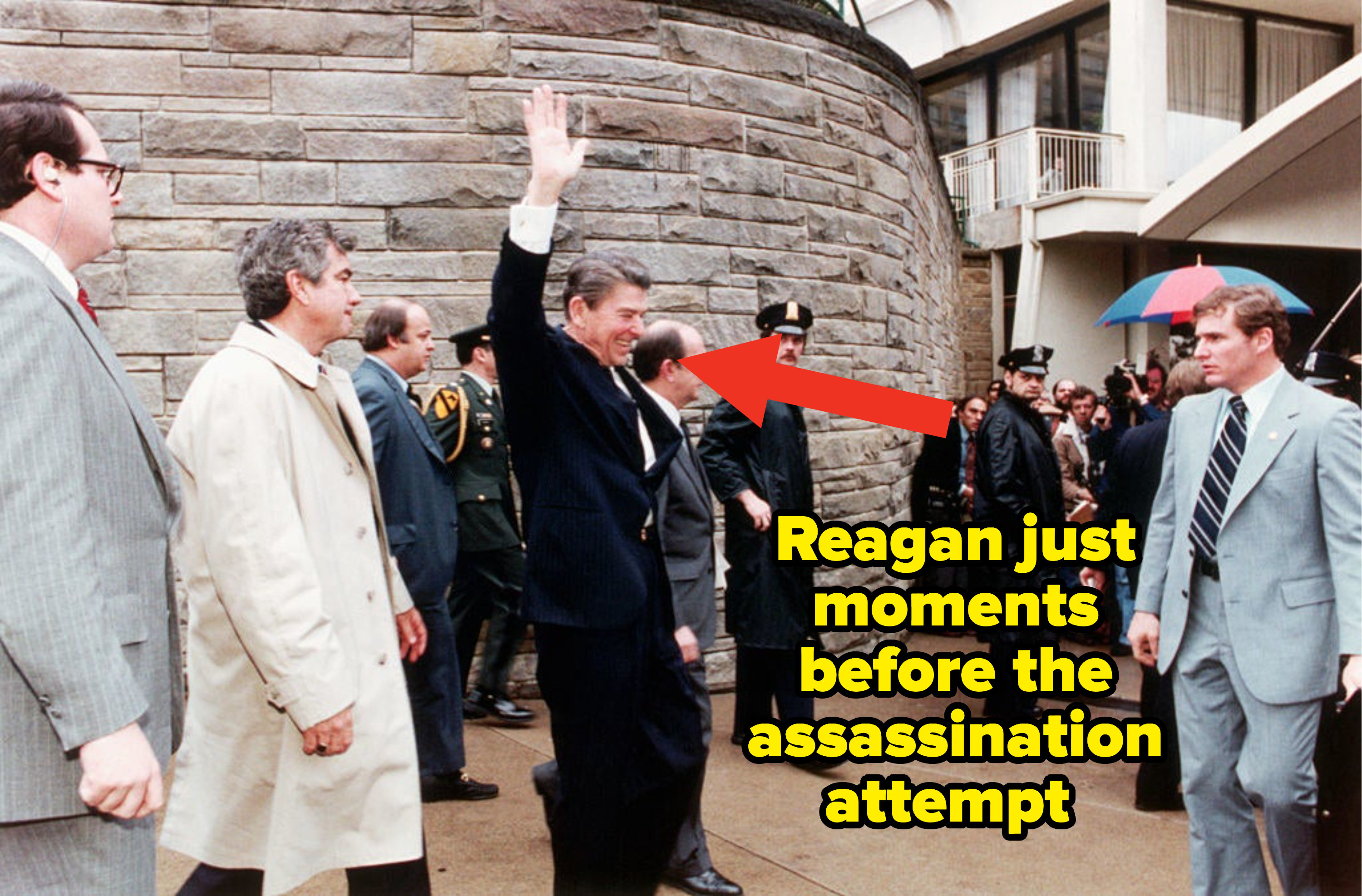 Reagan smiling and the words, &quot;Reagan just moments before the assassination attempt&quot;