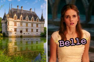 On the left, a charming castle next to a marsh, and on the right, Emma Watson as Belle in the live-action Beauty and the Beast film
