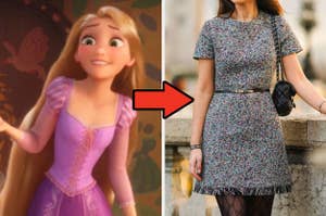 Rapunzel next to a stylish modern dress