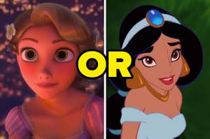On the left, Rapunzel from Tangled, and on the right, Jasmine from Aladdin with or typed in the middle