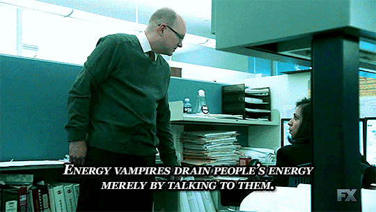 Colin Robinson from What We Do In The Shadows saying energy vampires drain people&#x27;s energy merely by talking to them
